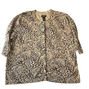 Avenue Women Button Up Shirt 18/20 Tan Cotton Leopard Print Half Sleeve Cardigan